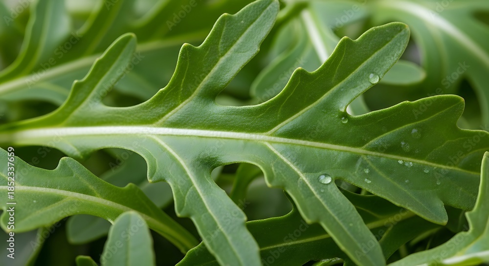 Fototapeta premium Fresh Arugula Leaves with Water Droplets Close Up.