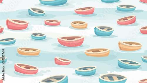 Illustration of numerous small boats floating on calm water with a pastel color palette and soft lighting.