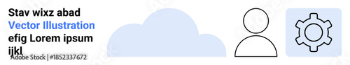 Minimalist user profile, cloud, and gear icon create a functional design. Ideal for account setup, configuration, profile management, custom features, data synchronization, user interface simple