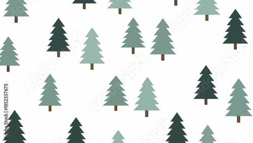 A digital illustration of various sized evergreen trees in different shades of green on a white background.