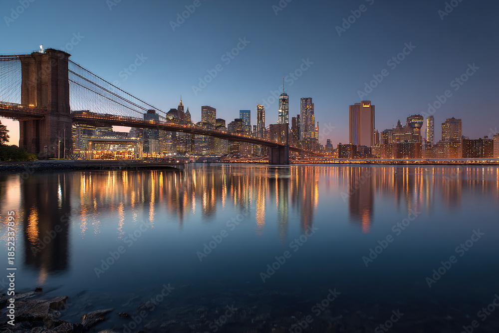 Fototapeta premium Brooklyn Bridge and Manhattan Skyline at Dusk