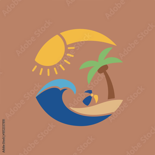 A vibrant, circular flat design illustrates a tropical beach scene with a bright sun, a palm tree, ocean waves, and a beach ball.