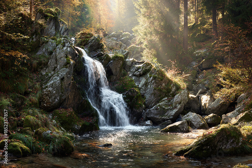 Sunlit Forest Waterfall with Flowing Stream