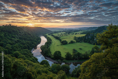 River Valley Landscape at Sunset with Clouds