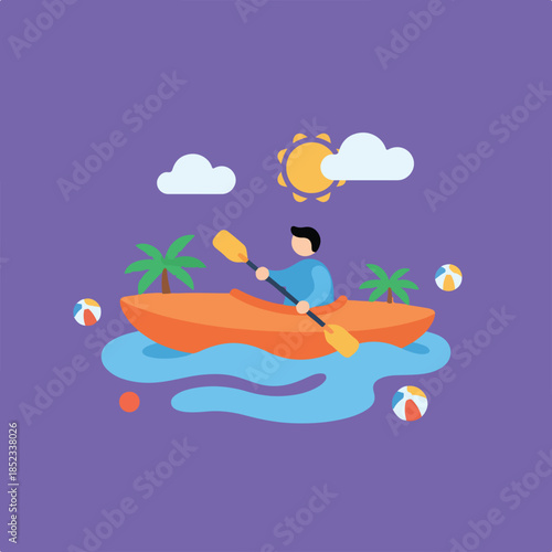 A vibrant cartoon illustration depicts a person kayaking on calm blue waters under a sunny sky with palm trees and beach balls.