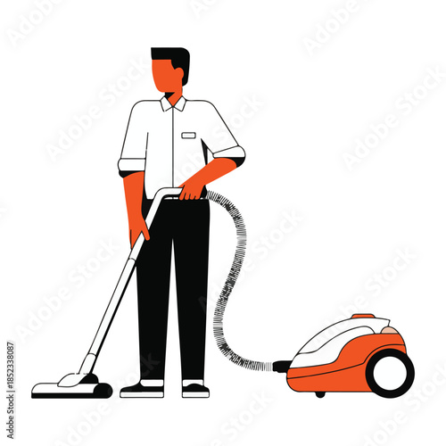 Man in white shirt and black pants vacuuming with orange and white vacuum cleaner person male.