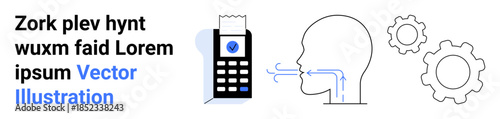 Voice recognition, payment security, technology processes, automation, digital verification, workflow efficiency. Image shows gears, a human head and a receipt device. Voice recognition and payment