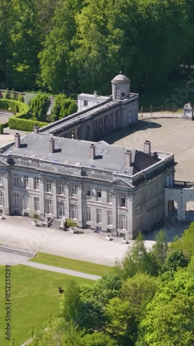 main area structures château seneffe gate surrounding green covers visitors walking outside add vibrancy to revealing left right front pans aerial of 