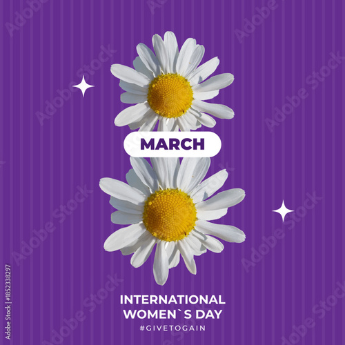 International Womens Day 8 march banner for Give To Gain campaign 2026. Collage with chamomile flower elements in halftone style. Contemporary vector illustration