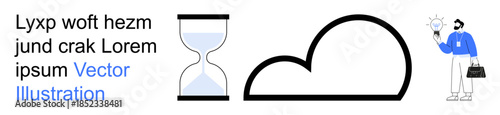 Innovation, time management, cloud computing, brainstorming, creative thinking, data storage. A minimal design shows an hourglass, cloud and a figure with a light bulb. Innovation and time