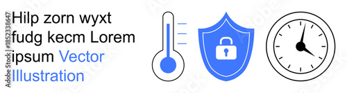 Healthcare technology, cybersecurity, time tracking, digital tools, data safety, professional efficiency. Icons of a thermometer, a shield with a lock and a clock. Cybersecurity and healthcare