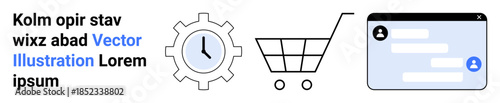 Business, e-commerce, productivity, time management, communication, automation. Minimalistic design with a gear, clock shopping cart and chat window interface. Business and e-commerce concepts