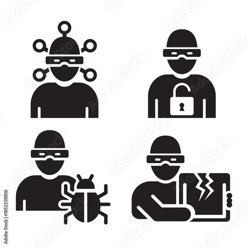 Cyber Security Threat Icons Set – Hacker, Malware, Data Breach Flat Vector Illustration