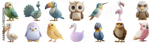 Adorable Collection of 3d Pastel Bird Characters on Transparent Background
