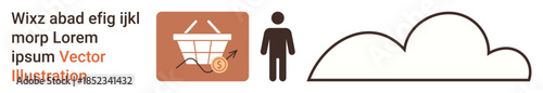 eCommerce, cloud storage, digital user management, online business, data synchronization, modern technology. Shopping cart icon, person silhouette cloud shape. eCommerce and cloud storage