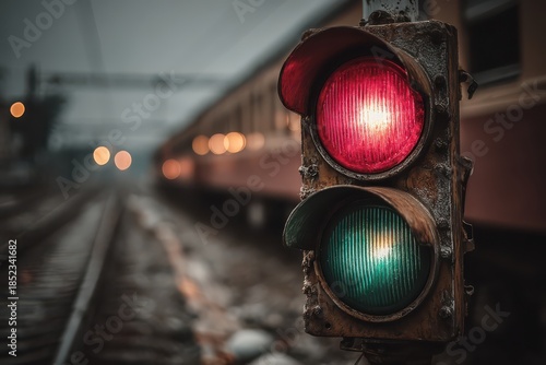 Weathered railway signal showing red and green lights with blurred train on tracks at night