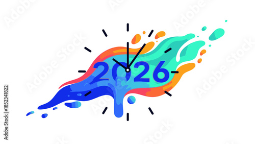 Vibrant illustration of a clock striking midnight with colorful paint splashes forming the year 2026 for a Happy New Year social media post.