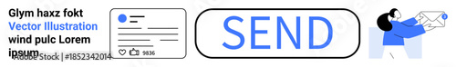 Digital messaging, email services, communication flow, UI design, social interaction, technology usage. Send button, person holding envelope and digital message interface. Digital messaging
