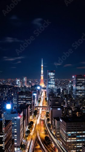 Wallpaper Mural Night city aerial glowing tower, long exposure light trails, and illuminated skyscrapers Torontodigital.ca