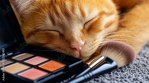 Ginger Cat Napping on Makeup Palette, A Whimsical Beauty Still Life