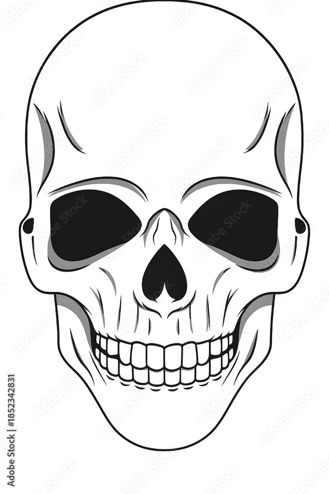 Fototapeta premium Detailed black and white stylized human skull graphic design on isolated black background.