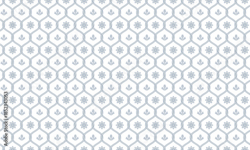 ロープの網目の中に船のアンカーと舵のシンボルが並ぶ模様のパターン