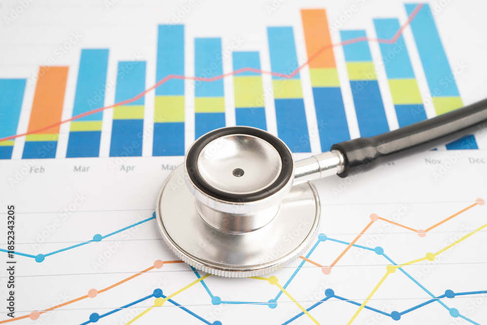Fototapeta premium Stethoscope on chart or graph paper, Financial, account, statistics and business data medical health.