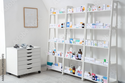 Interior of pharmacy with s...