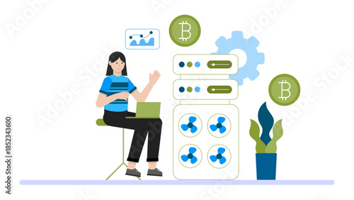 Digital Currency Mining Operation. Flat Vector Illustration