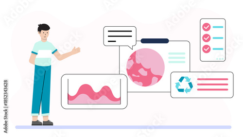 Climate Research Team Analyzing Data. Flat Vector Illustration