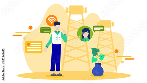 Telecommunication Tower Installation. Flat Vector Illustration