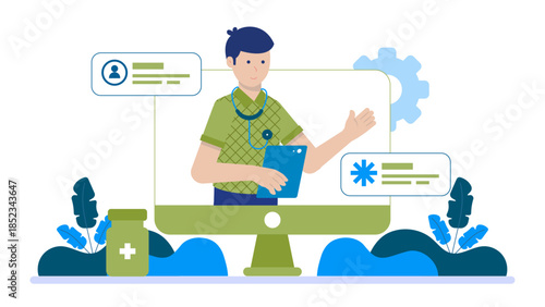 Online Notary Service Session. Flat Vector Illustration