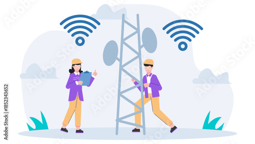 Telecommunication Tower Installation. Flat Vector Illustration
