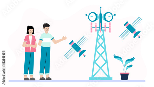 Telecommunication Tower Installation. Flat Vector Illustration