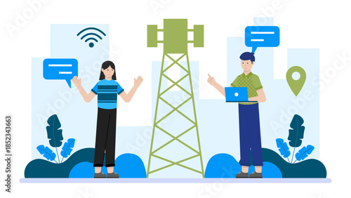 Telecommunication Tower Installation. Flat Vector Illustration