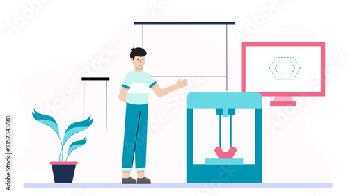 3D Printing Prototype Development. Flat Vector Illustration