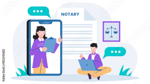 Online Notary Service Session. Flat Vector Illustration