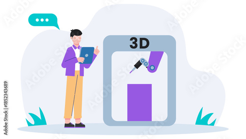 3D Printing Prototype Development. Flat Vector Illustration