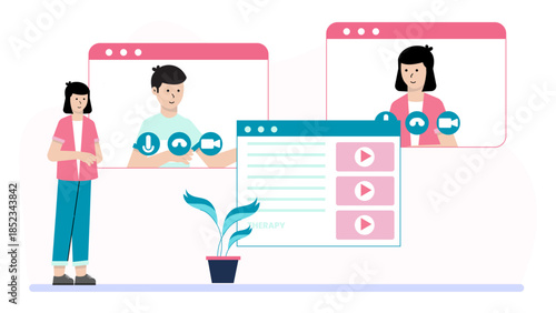 Online Arbitration Meditation Session. Flat Vector Illustration