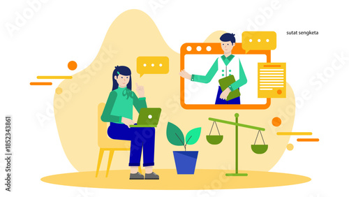 Online Arbitration Meditation Session. Flat Vector Illustration