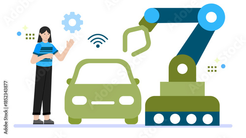 Electric Vehicle Assembly Line. Flat Vector Illustration