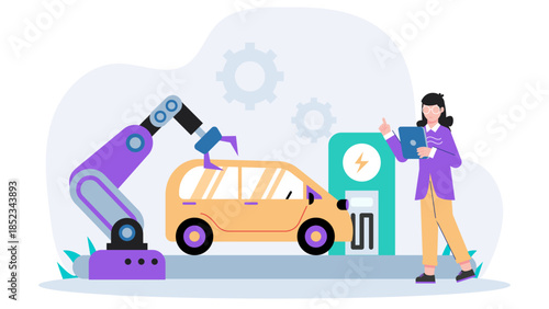 Electric Vehicle Assembly Line. Flat Vector Illustration