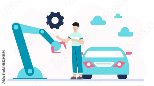 Electric Vehicle Assembly Line. Flat Vector Illustration