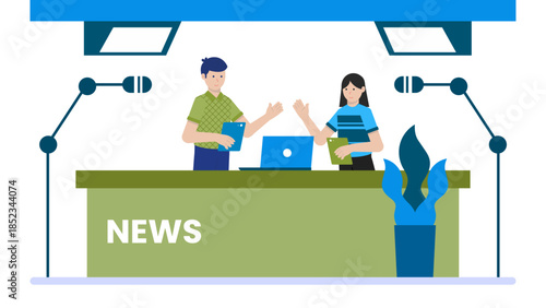 Automated Journalism Newsroom. Flat Vector Illustration