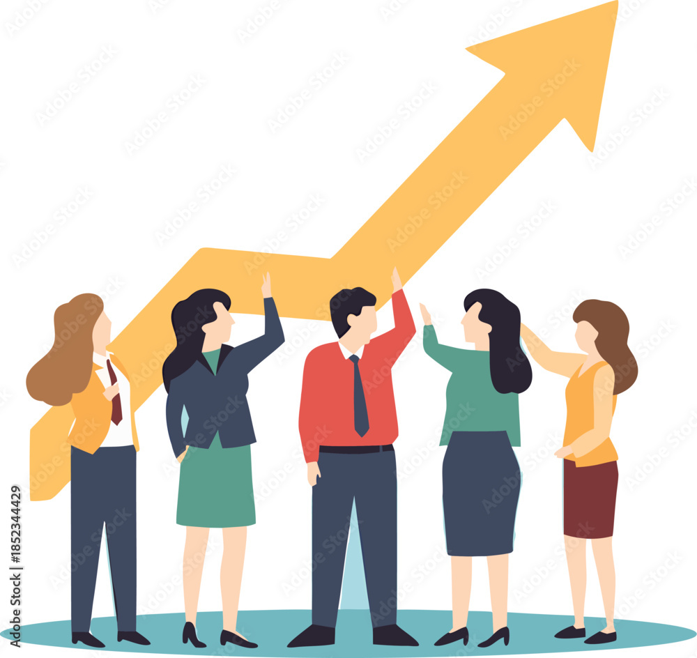 Obraz premium Team celebrating success with an upward trending arrow representing growth