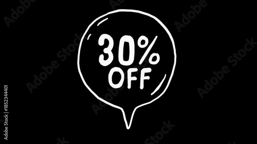 White wiggly hand drawn 30 percent off speech bubble on alpha