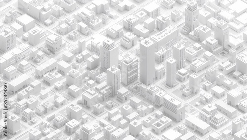 Isometric view of a modern city landscape with skyscrapers and various building structures rendered in white