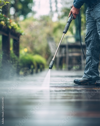 Person Using High Pressure Washer on Wooden Decking with Greenery Background and Visible Spray in Outdoor Setting