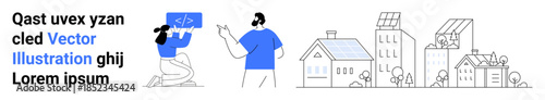 Sustainable living, renewable energy, technology, eco-friendly homes, urban development, modern design. Person explaining coding and houses with solar panels. Sustainable living and renewable energy