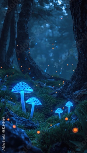 8k 3d wallpaper for mobile mystical forest with glowing blue mushrooms and fireflies at night
